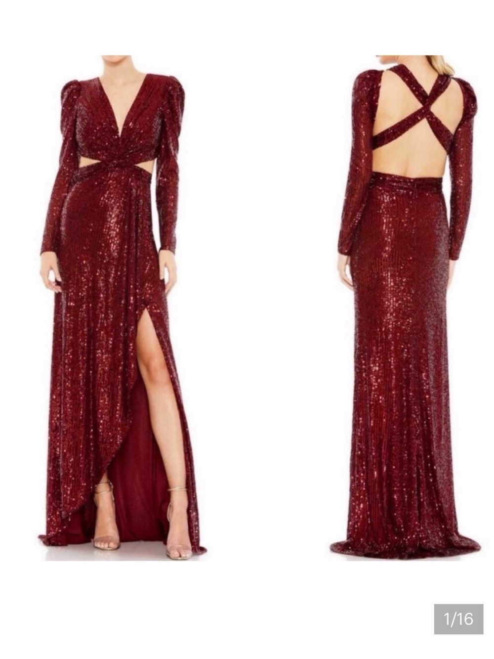 Mac Duggal Burgundy Sequin Long Sleeve Cutout Gown with High Slit
